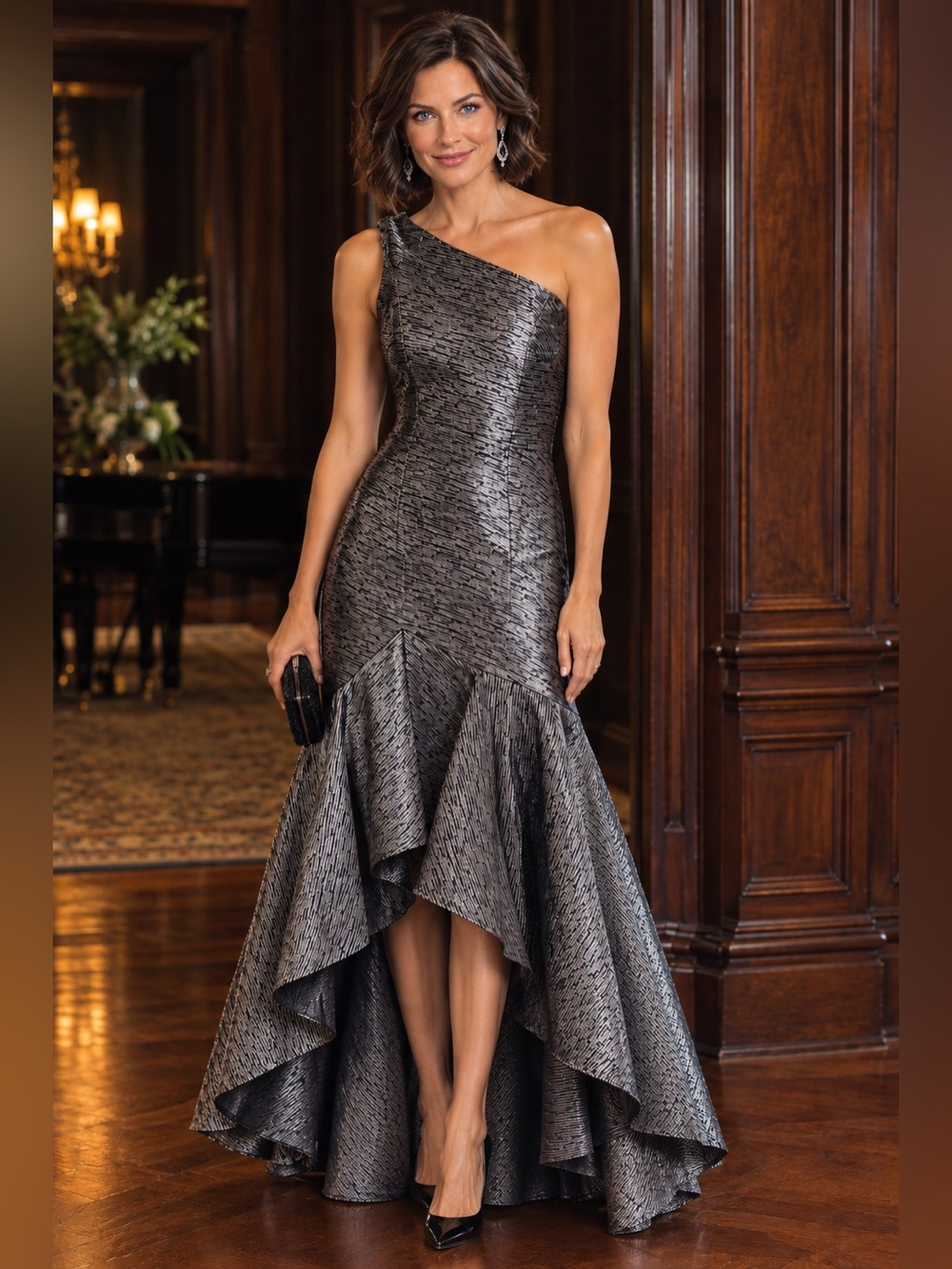 Carmen Marc Valvo Infusion Metallic Jacquard One Shoulder High-Low Gown Sz 8